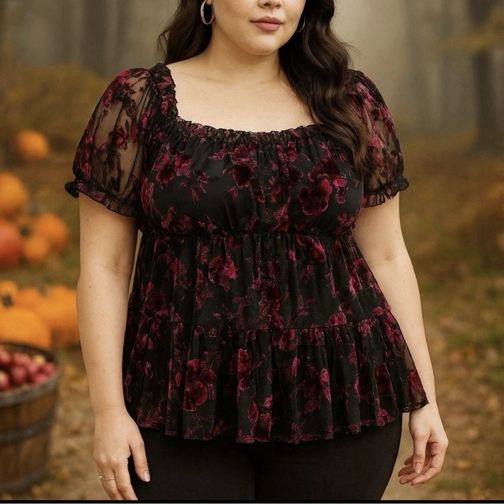 Torrid 1X Black Pink Velvet Burnout Floral Babydoll Peasant Top Tiered Plus Size